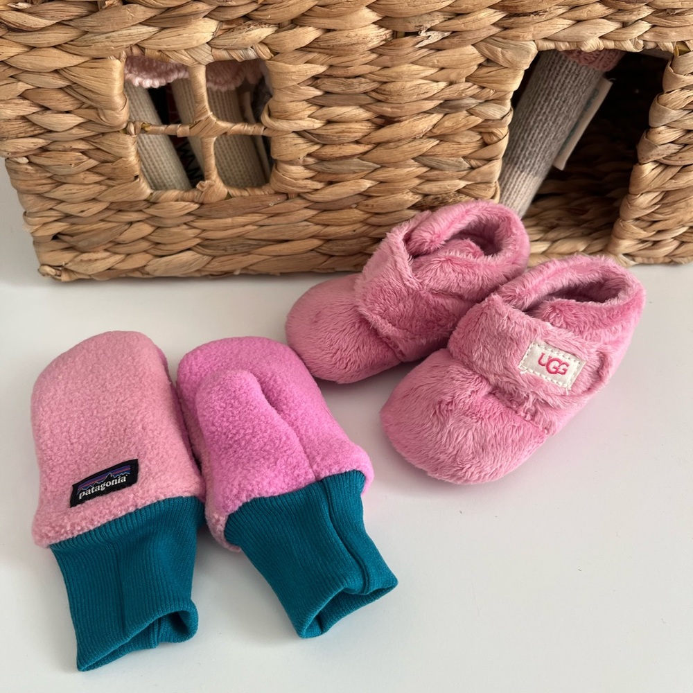 UGG Baby Booties and Patagonia Pink and Blue Mittens - Cozy Accessories